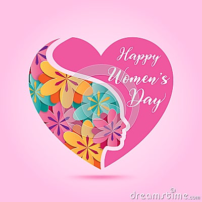 March 8 Womenâ€™s day design element with colorful flower on pink heart. For invitation, greeting card, booklet, leaflet, magazine Vector Illustration